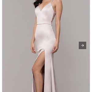 V-Neck Buff Pink Long Prom Dress with Lace Back